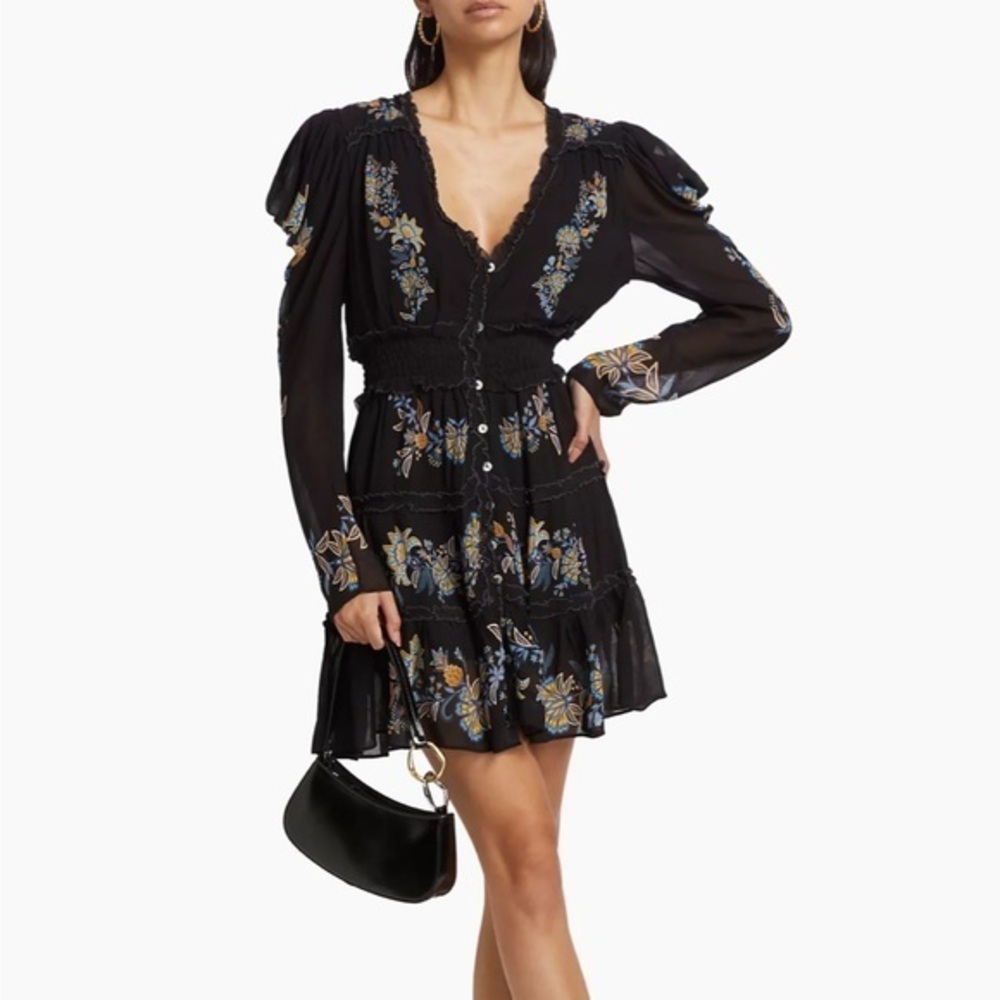 Farm Rio Floral-Embroidered Long-Sleeve Minidress